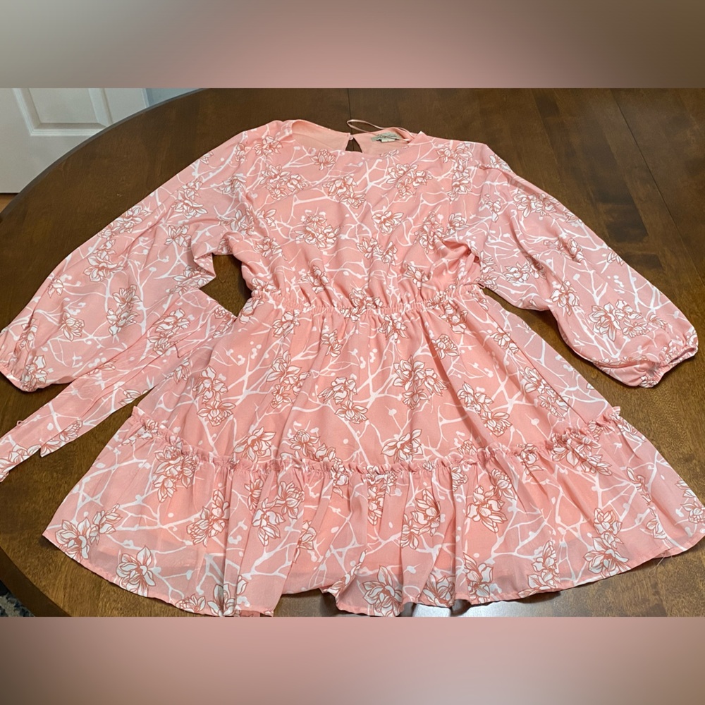 Cute Pink Floral Blouse Dress, 100% Polyester, Size Large